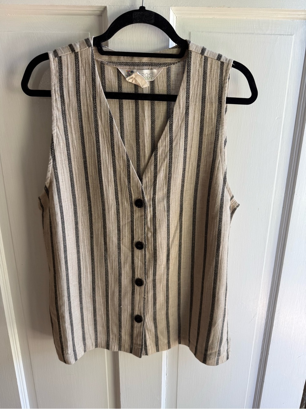 Vintage Striped V-Neck Button Front Top - Beige & Black